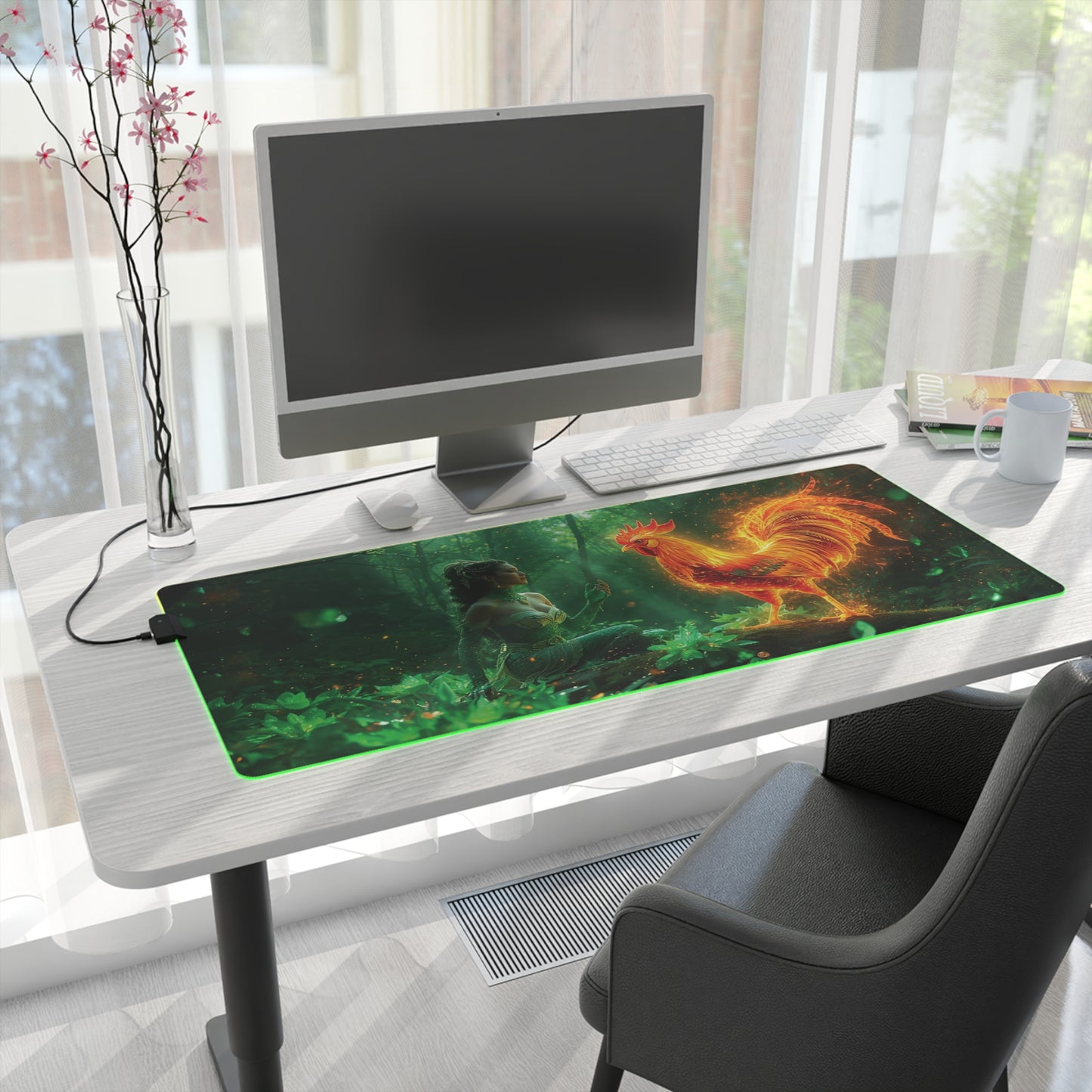 Lady Dragon & Rooster Lunar Zodiac LED Gaming Mouse Pad — Emerald Forest