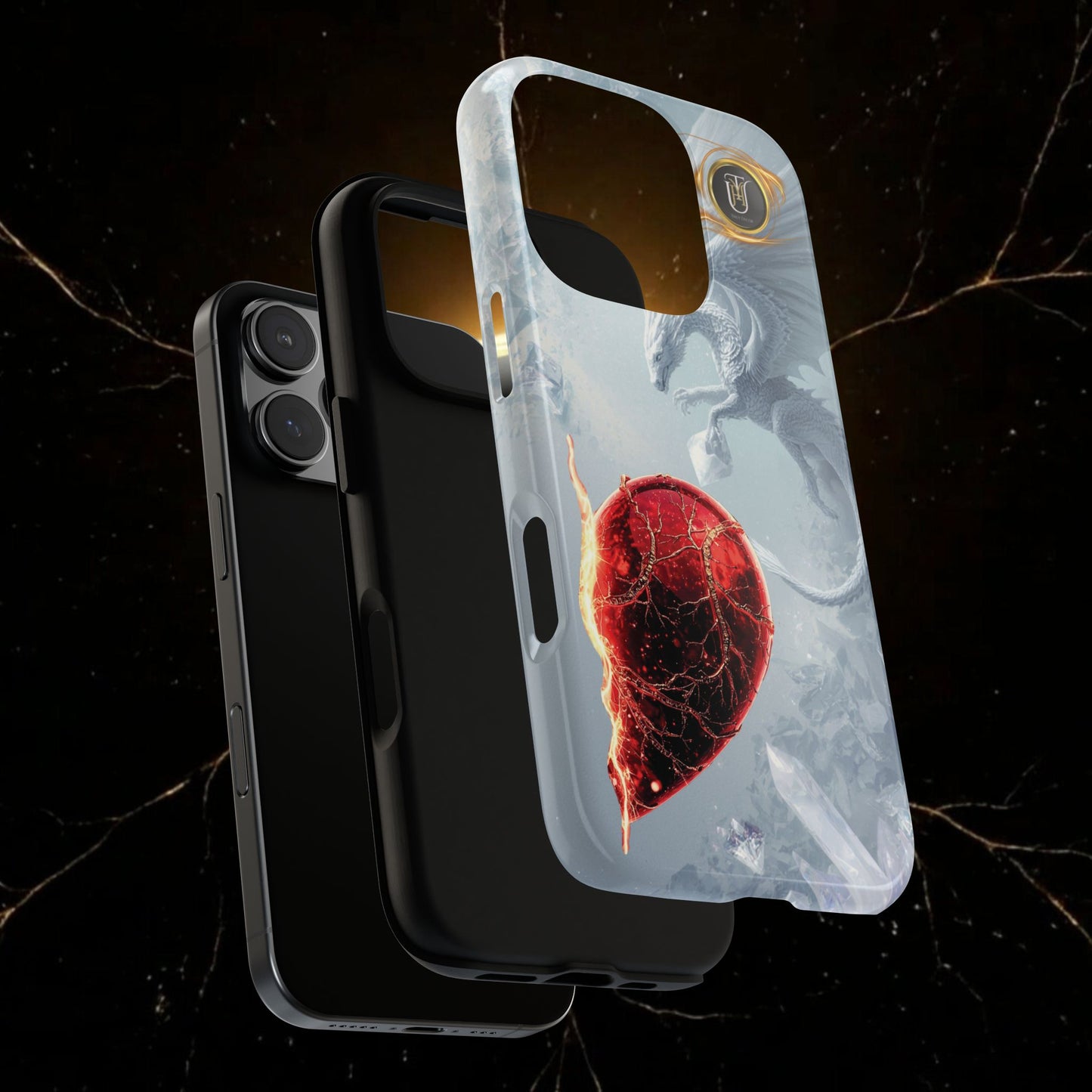 Couples Phone Case — Black Phoenix & White Dragon Heart Design (For Her))
