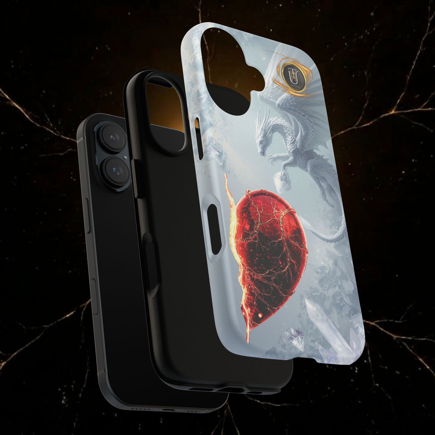 Couples Phone Case — Black Phoenix & White Dragon Heart Design (For Her))