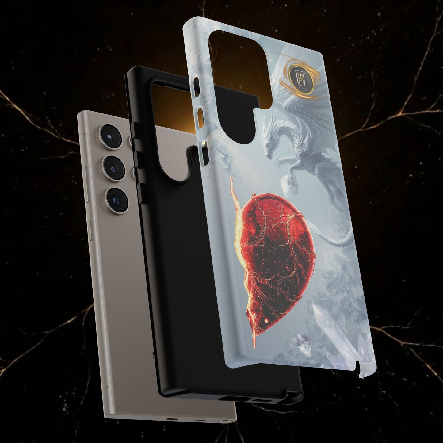 Couples Phone Case — Black Phoenix & White Dragon Heart Design (For Her))
