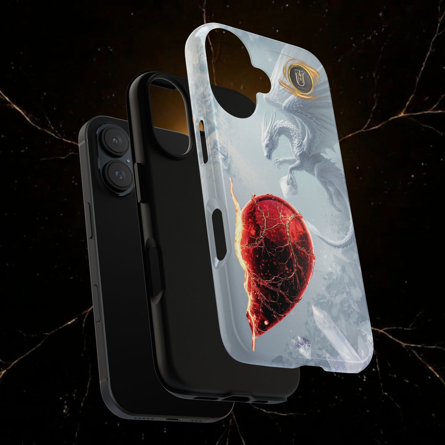 Couples Phone Case — Black Phoenix & White Dragon Heart Design (For Her))