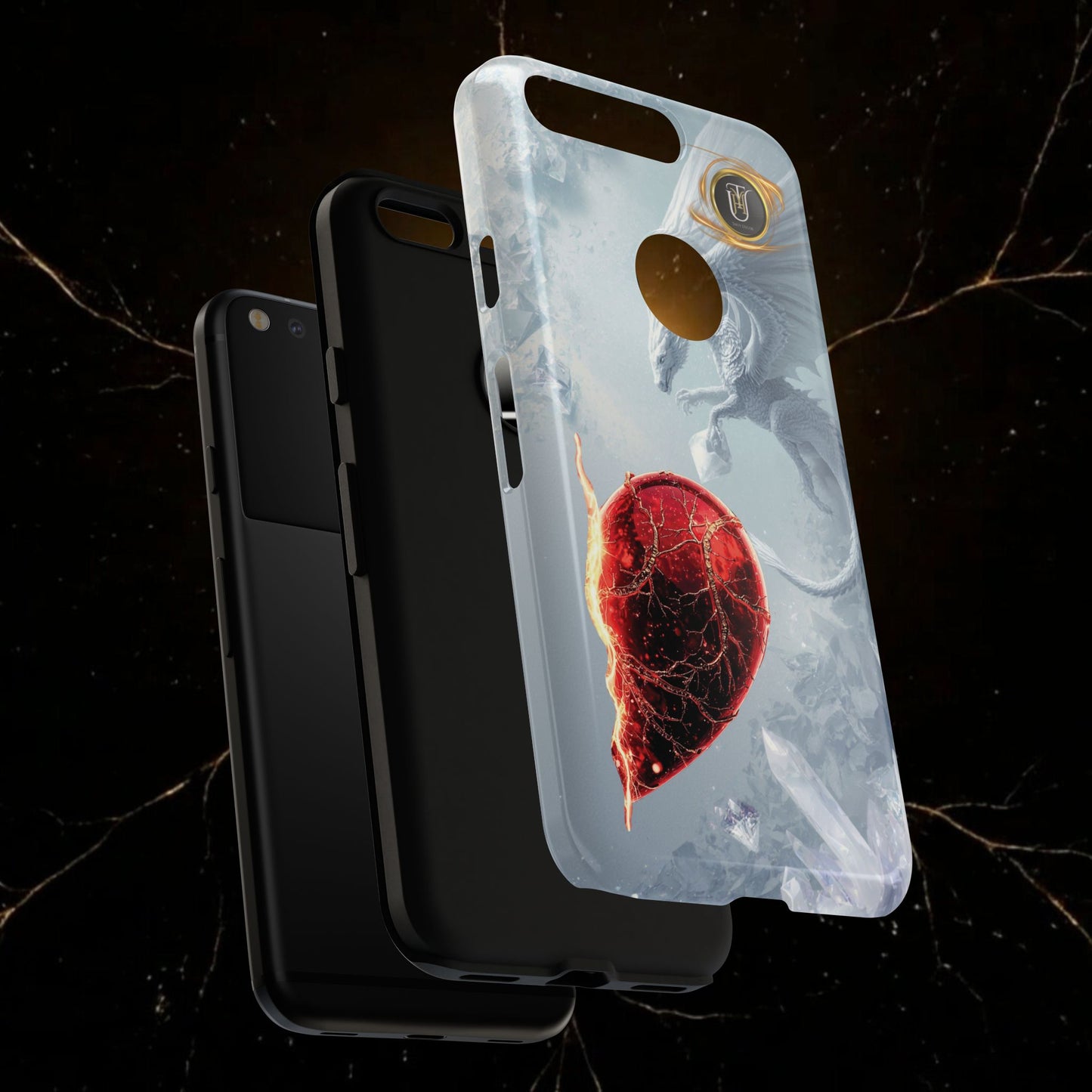 Couples Phone Case — Black Phoenix & White Dragon Heart Design (For Her))