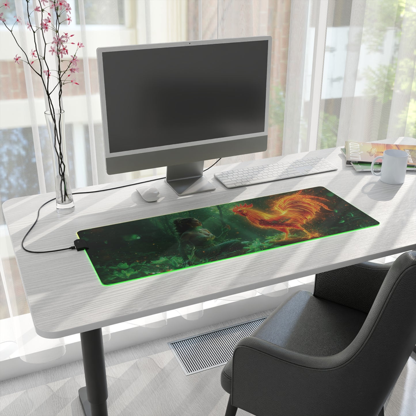 Lady Dragon & Rooster Lunar Zodiac LED Gaming Mouse Pad — Emerald Forest