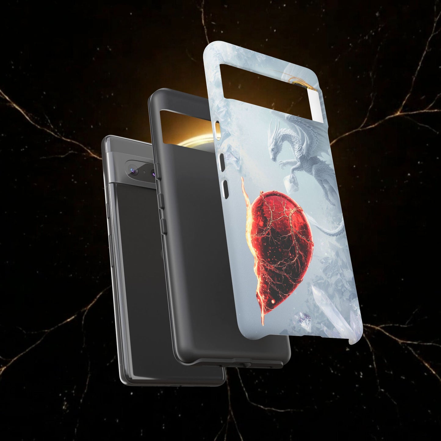Couples Phone Case — Black Phoenix & White Dragon Heart Design (For Her))