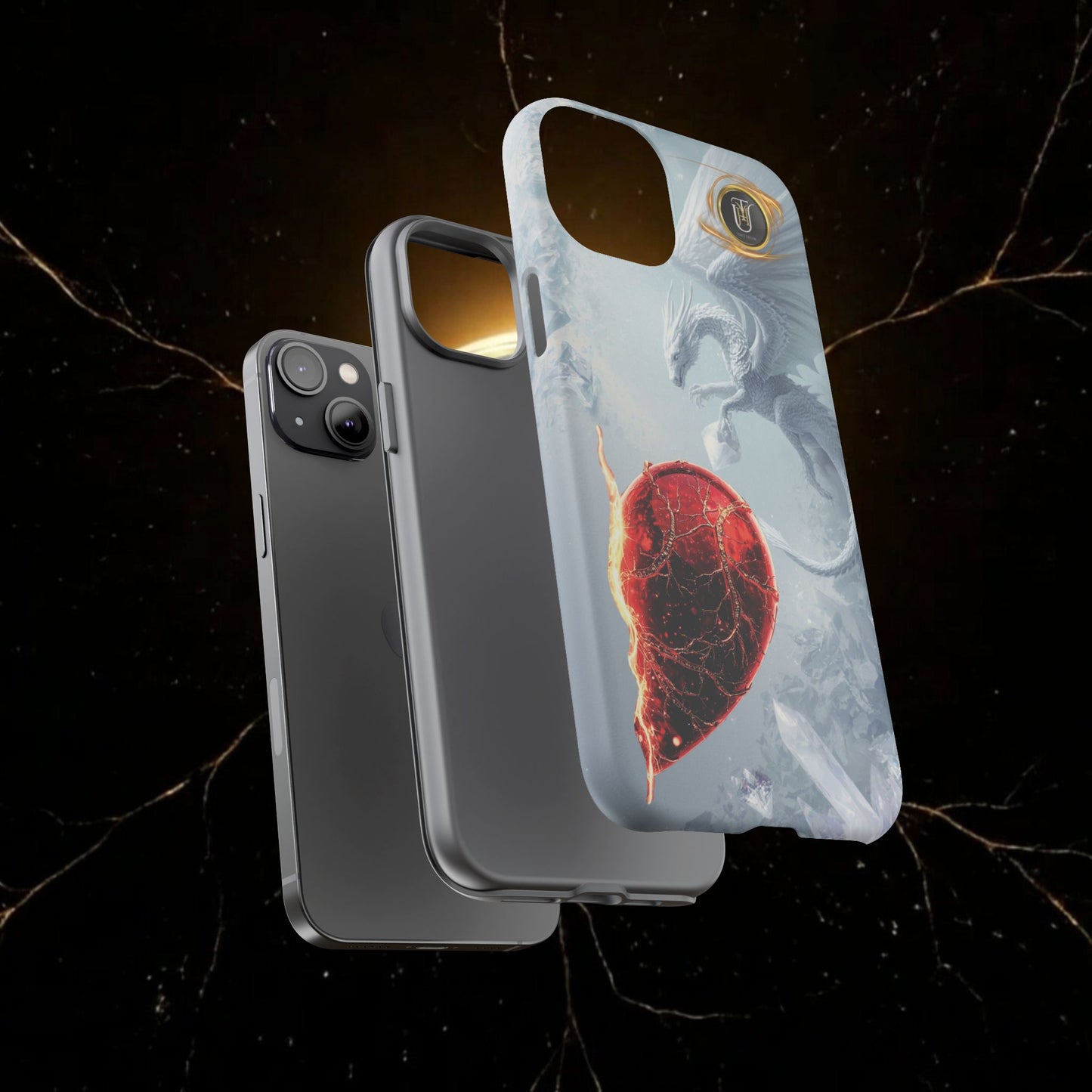 Couples Phone Case — Black Phoenix & White Dragon Heart Design (For Her))