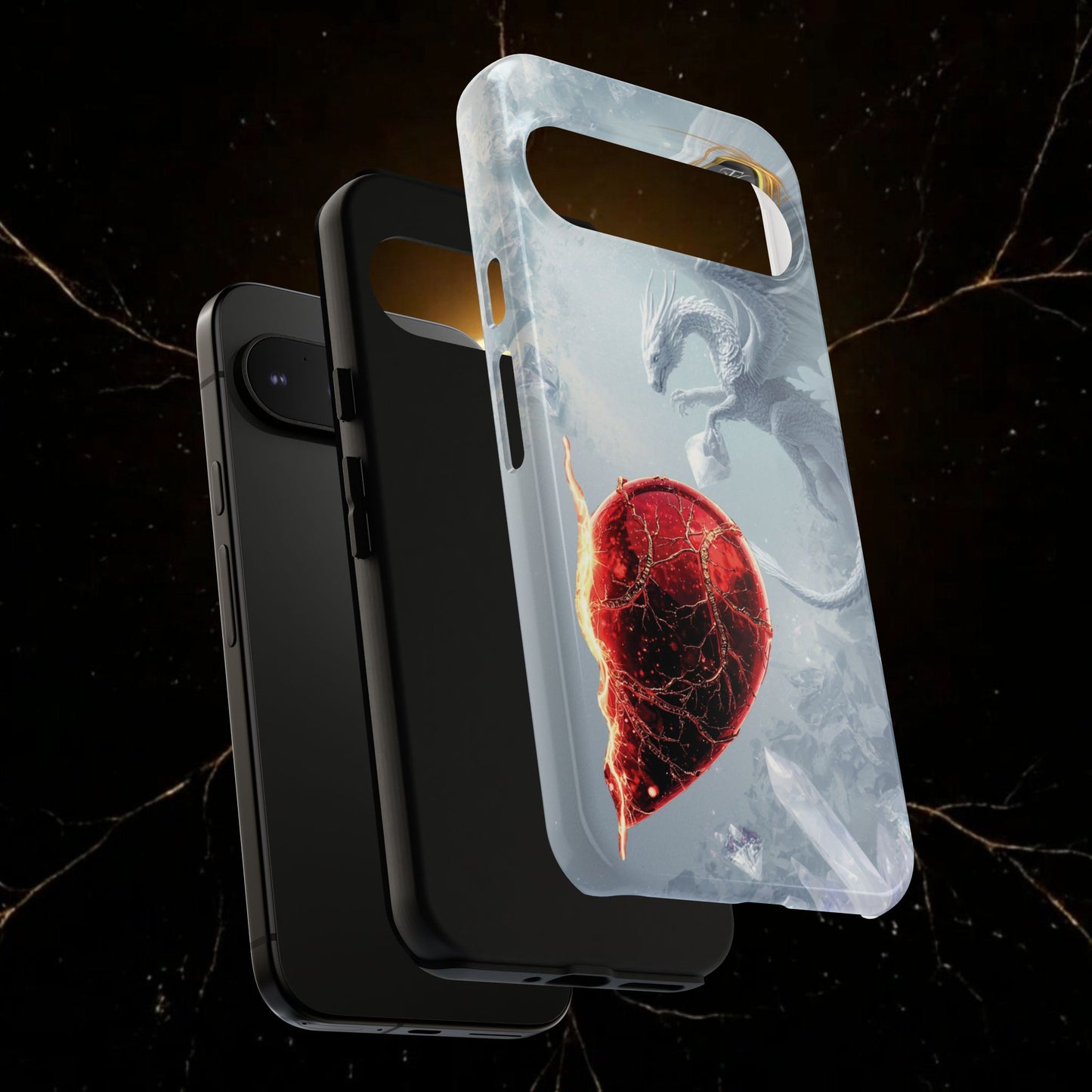 Couples Phone Case — Black Phoenix & White Dragon Heart Design (For Her))