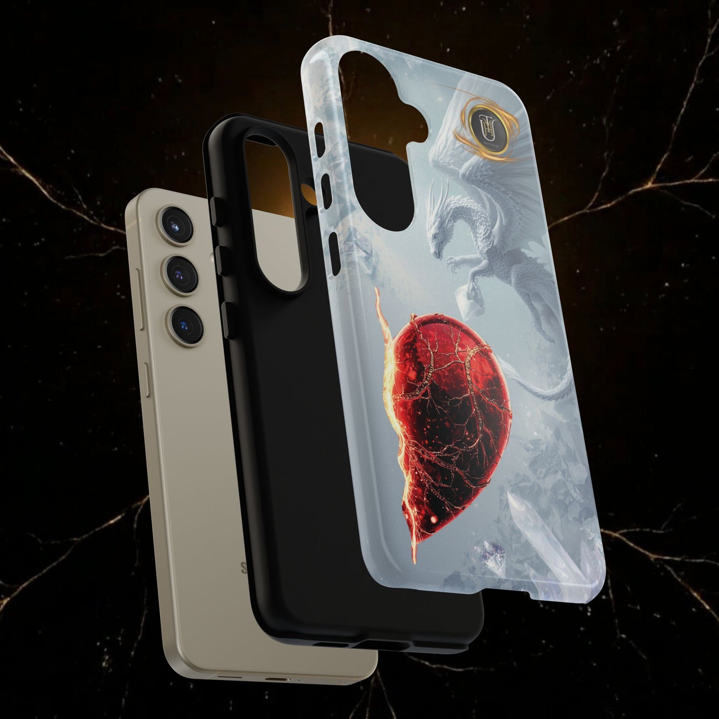 Couples Phone Case — Black Phoenix & White Dragon Heart Design (For Her))