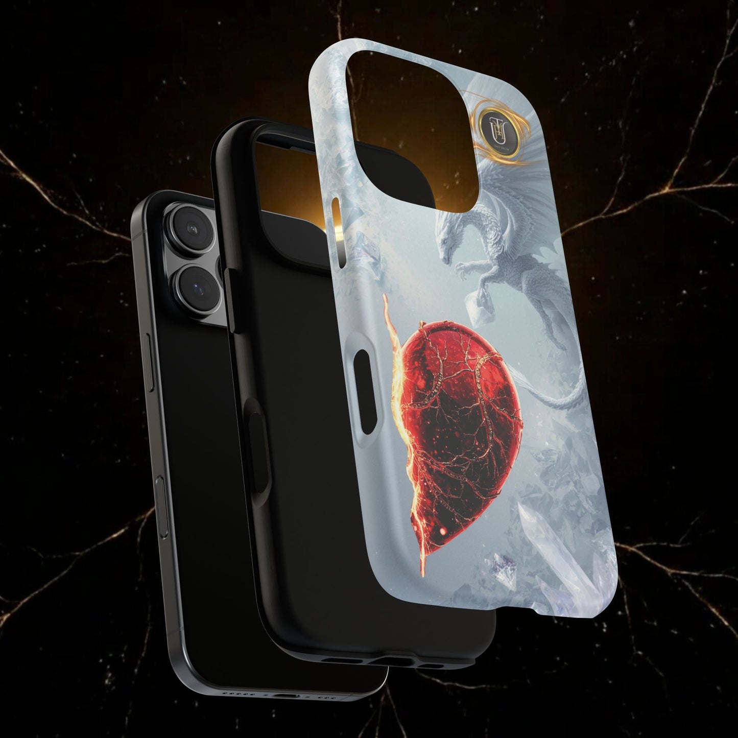 Couples Phone Case — Black Phoenix & White Dragon Heart Design (For Her))