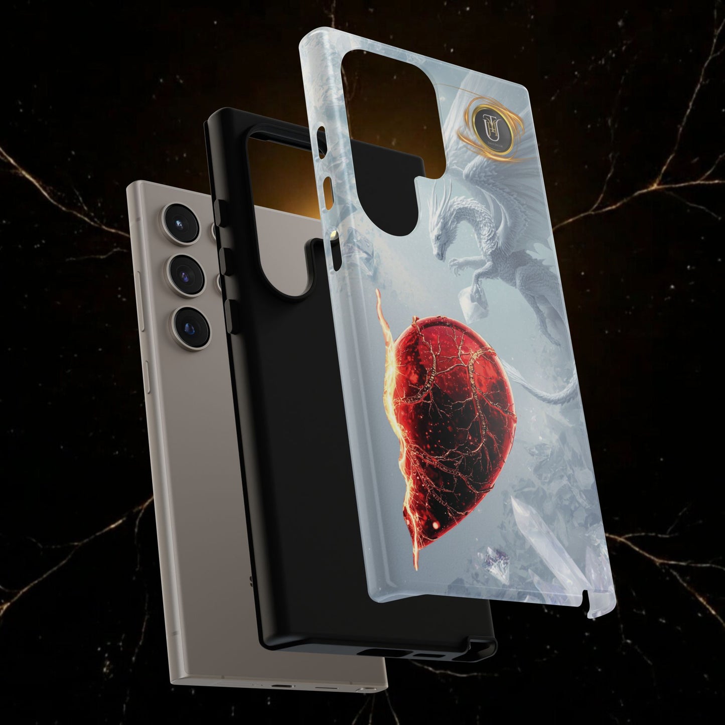 Couples Phone Case — Black Phoenix & White Dragon Heart Design (For Her))