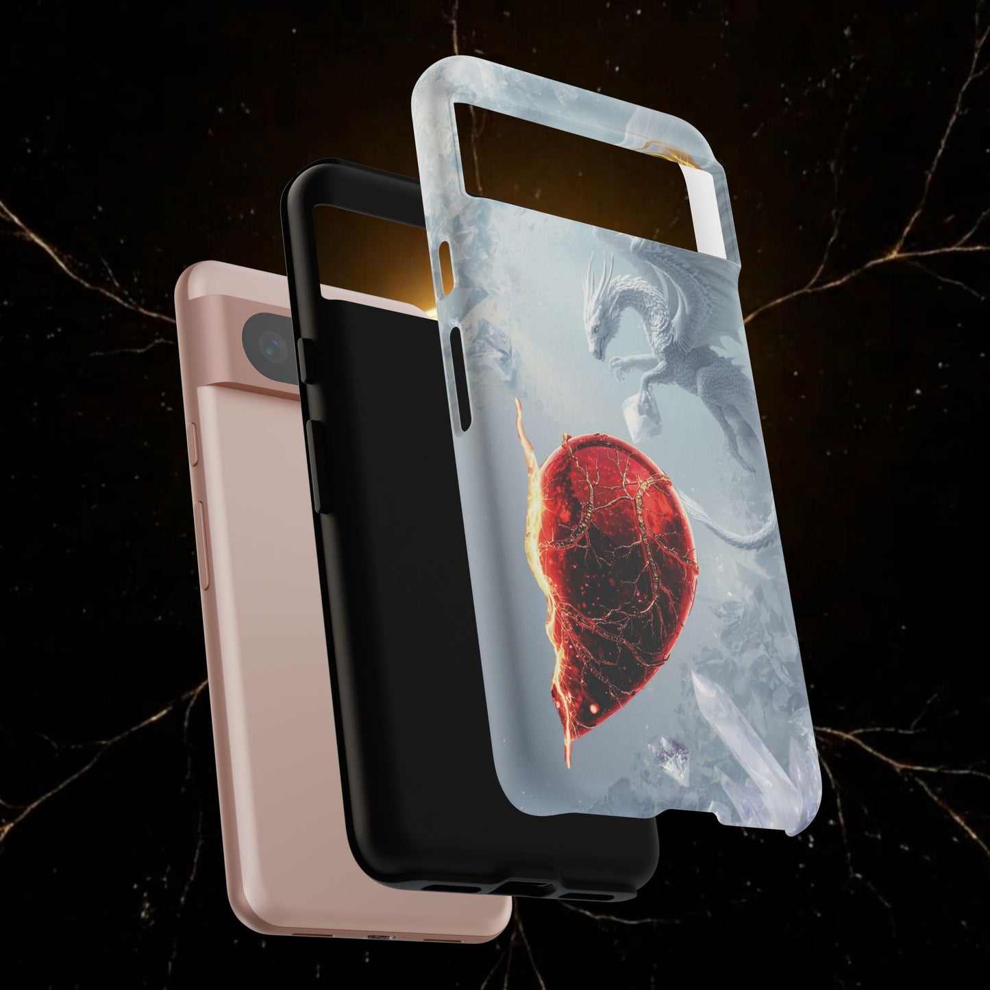 Couples Phone Case — Black Phoenix & White Dragon Heart Design (For Her))