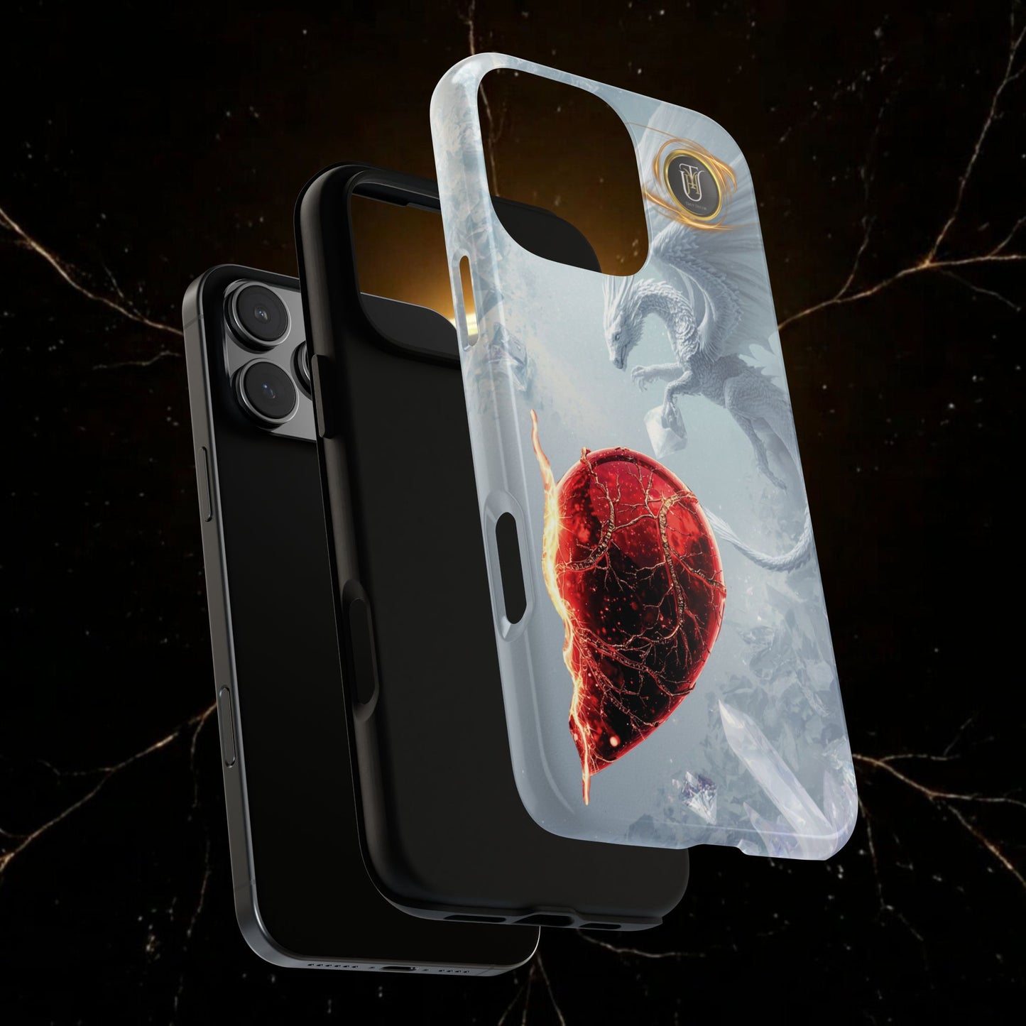 Couples Phone Case — Black Phoenix & White Dragon Heart Design (For Her))