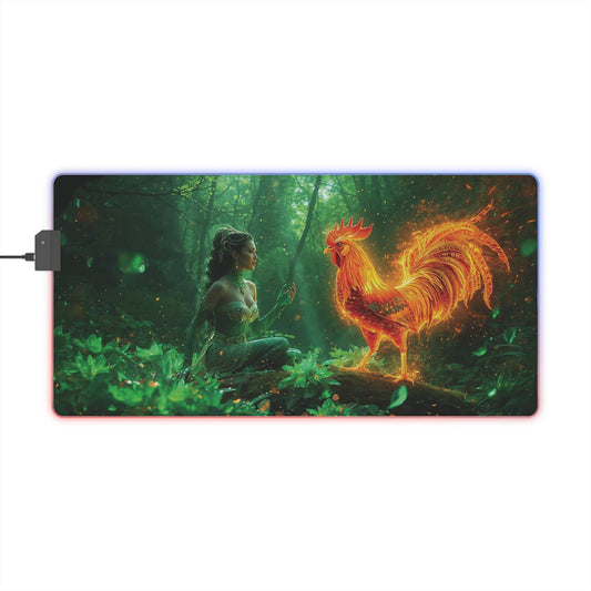 Lady Dragon & Rooster Lunar Zodiac LED Gaming Mouse Pad — Emerald Forest