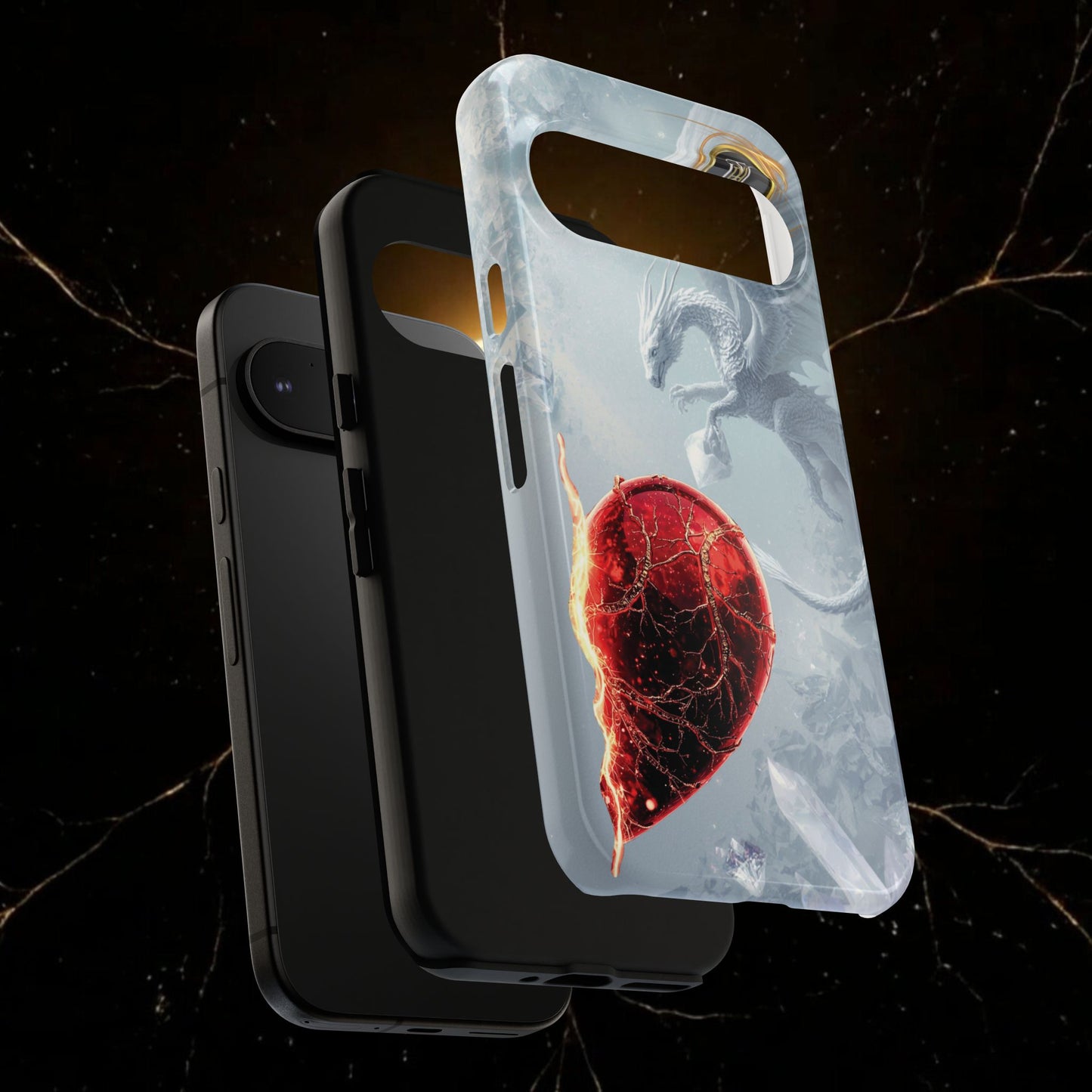 Couples Phone Case — Black Phoenix & White Dragon Heart Design (For Her))