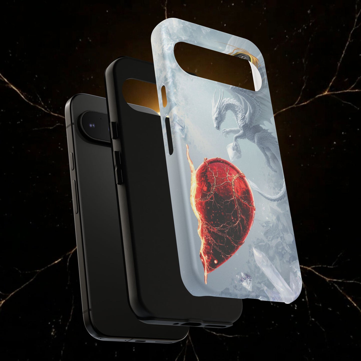 Couples Phone Case — Black Phoenix & White Dragon Heart Design (For Her))
