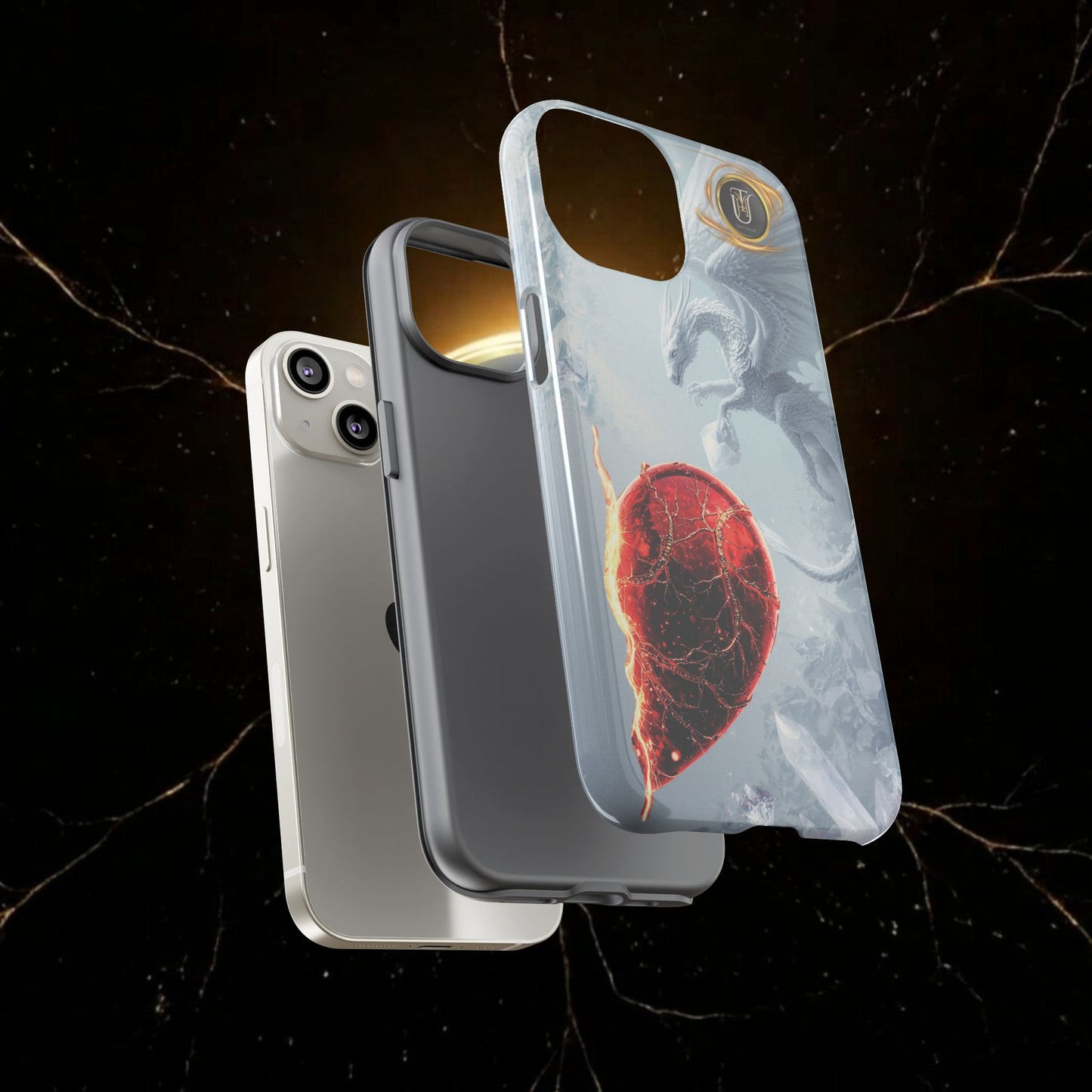 Couples Phone Case — Black Phoenix & White Dragon Heart Design (For Her))