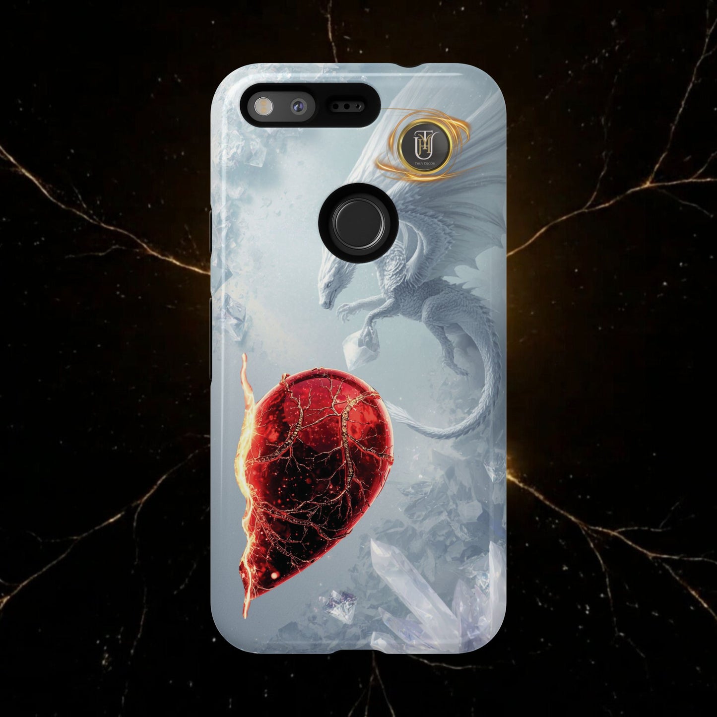 Couples Phone Case — Black Phoenix & White Dragon Heart Design (For Her))