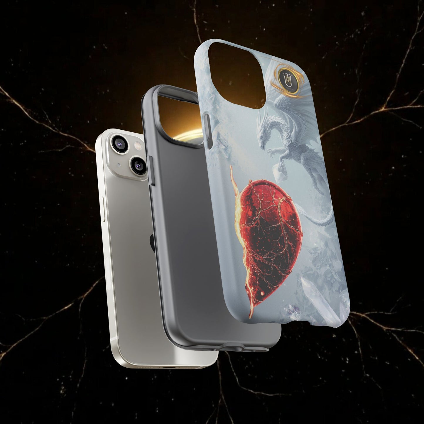 Couples Phone Case — Black Phoenix & White Dragon Heart Design (For Her))