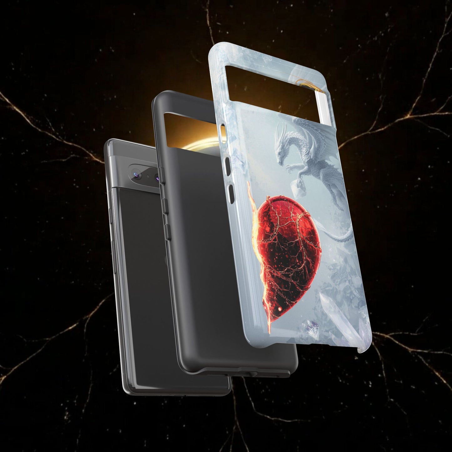 Couples Phone Case — Black Phoenix & White Dragon Heart Design (For Her))