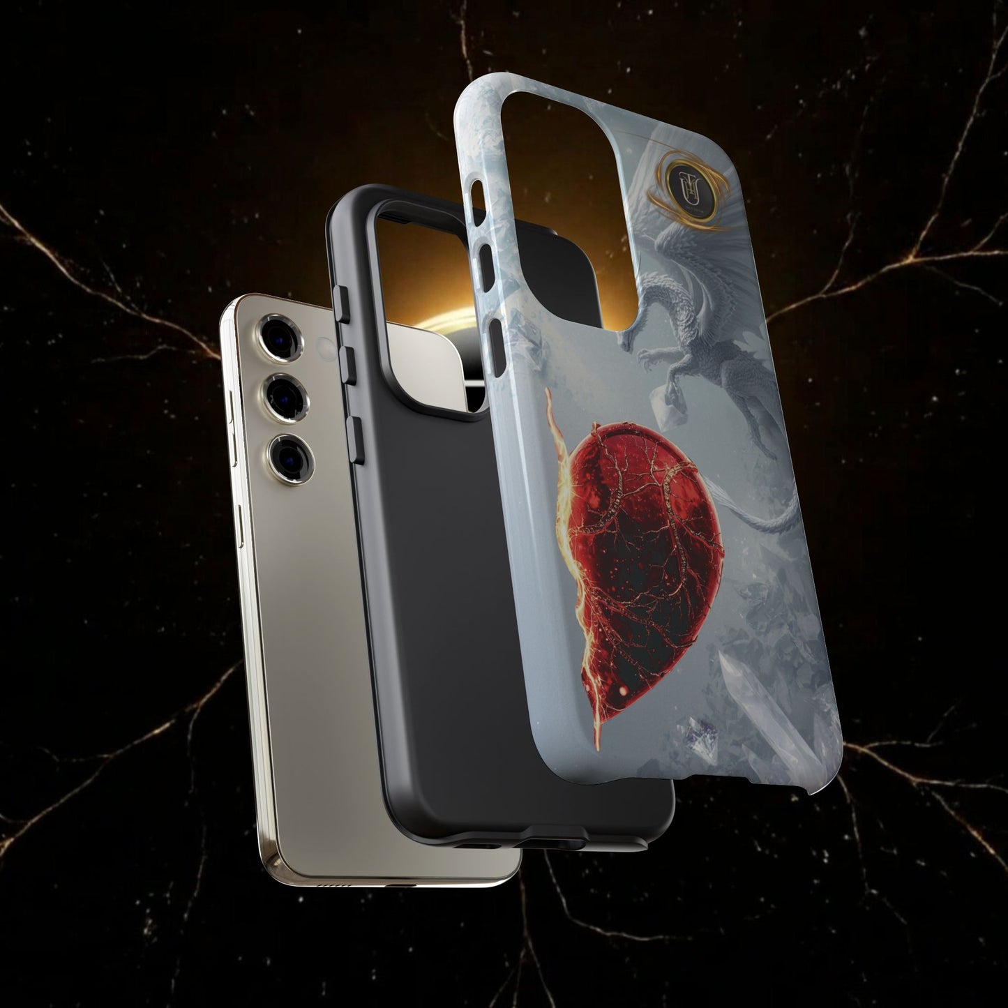 Couples Phone Case — Black Phoenix & White Dragon Heart Design (For Her))