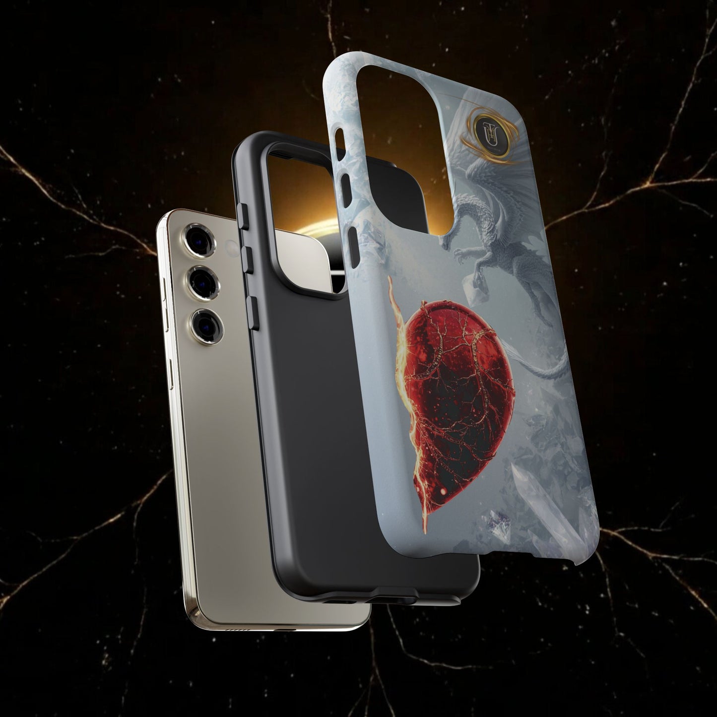 Couples Phone Case — Black Phoenix & White Dragon Heart Design (For Her))