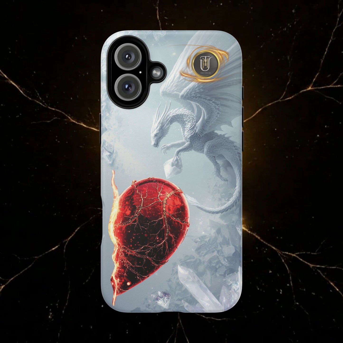 Couples Phone Case — Black Phoenix & White Dragon Heart Design (For Her))
