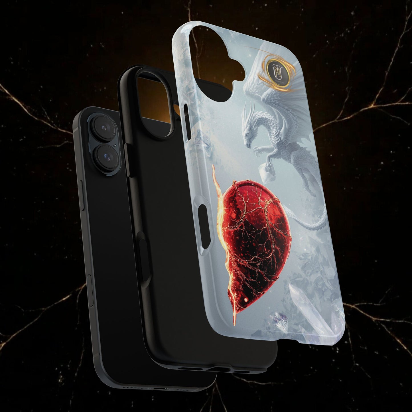 Couples Phone Case — Black Phoenix & White Dragon Heart Design (For Her))