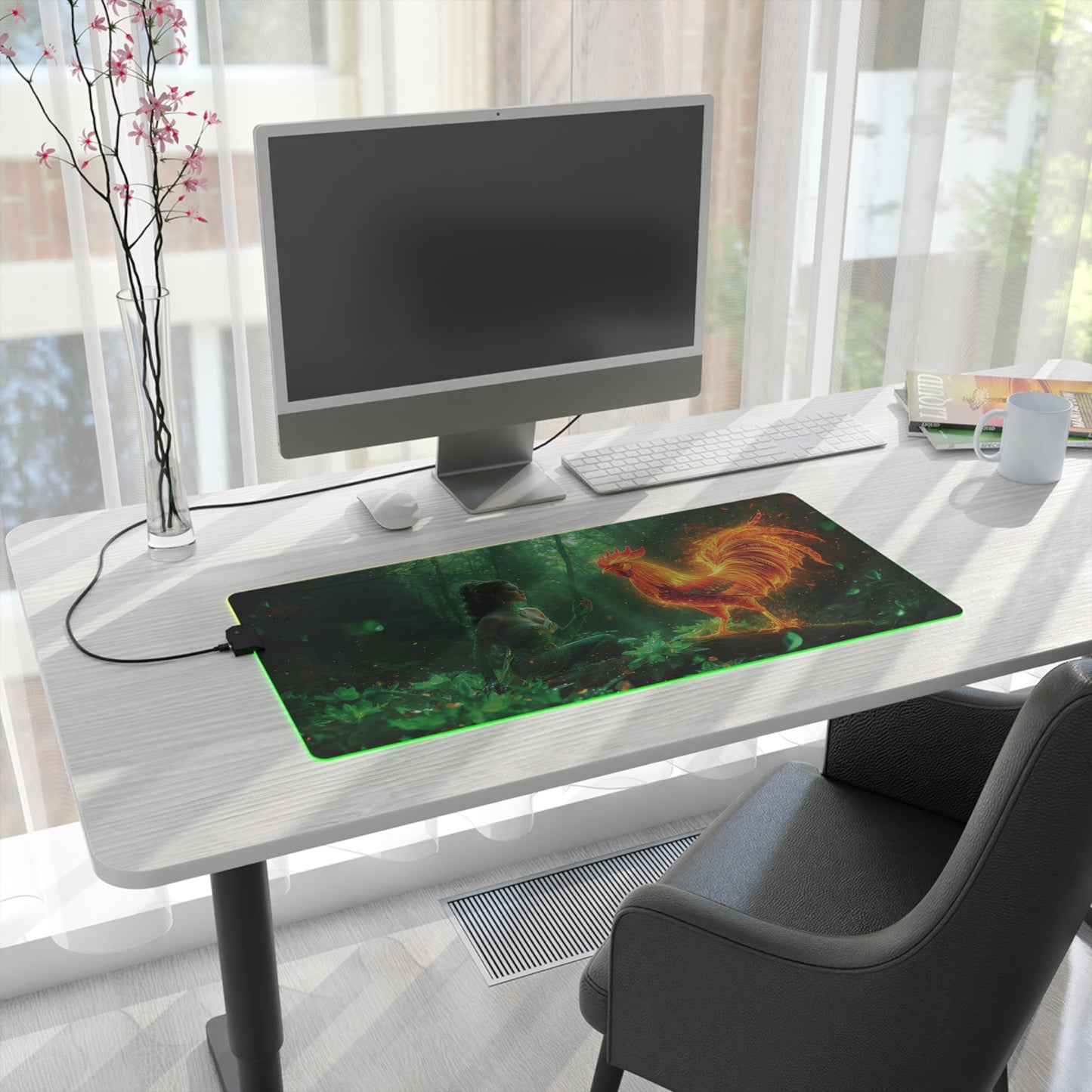 Lady Dragon & Rooster Lunar Zodiac LED Gaming Mouse Pad — Emerald Forest