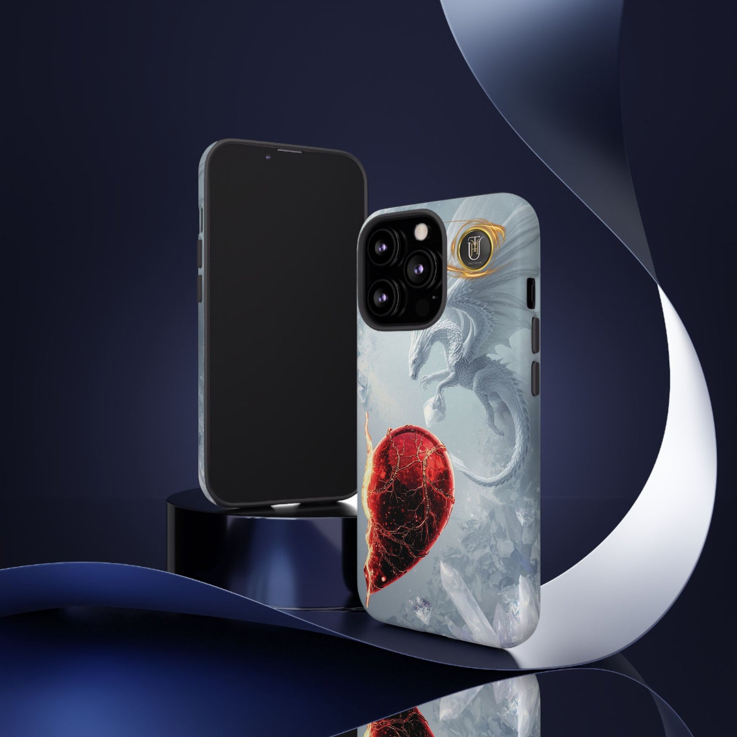 Couples Phone Case — Black Phoenix & White Dragon Heart Design (For Her))
