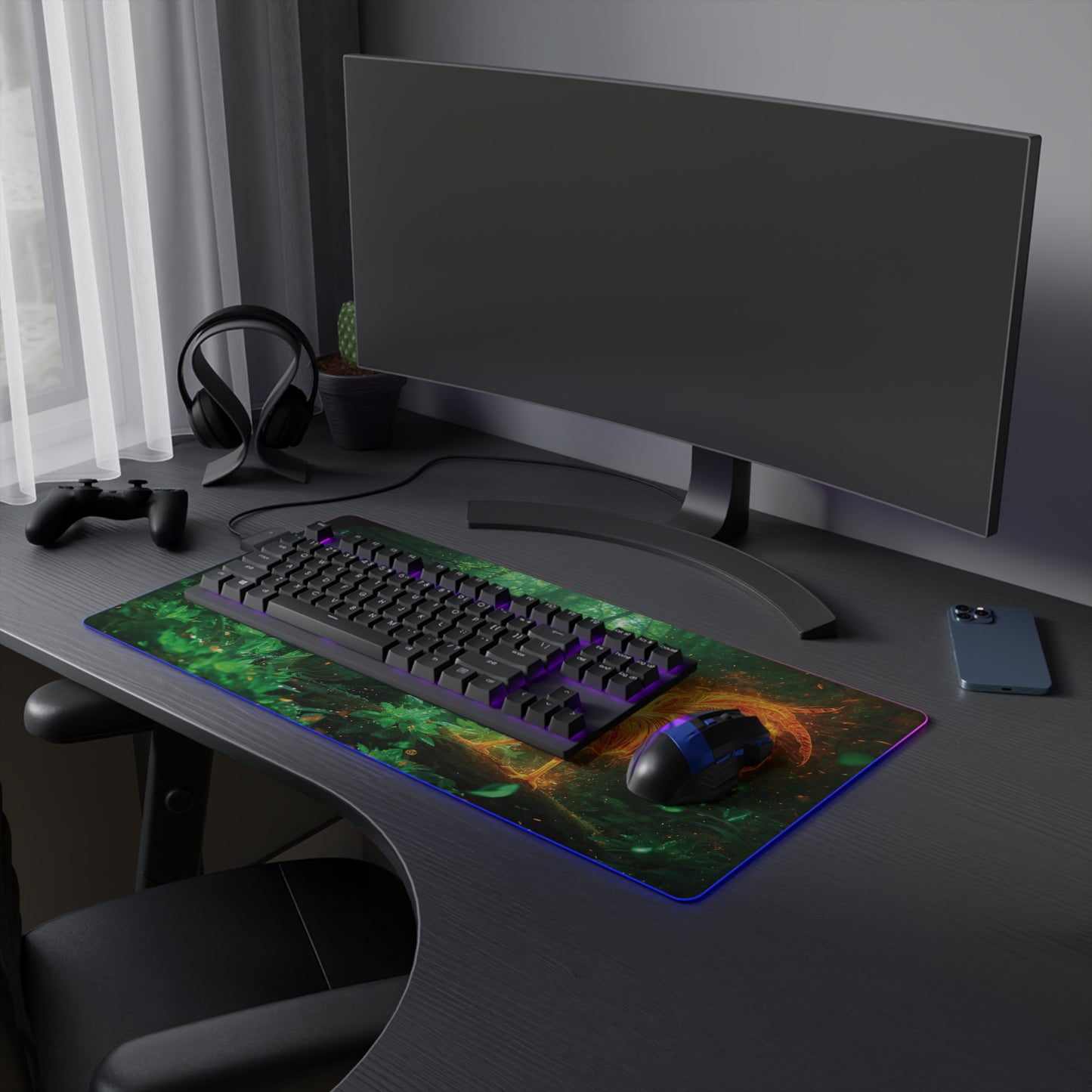 Lady Dragon & Rooster Lunar Zodiac LED Gaming Mouse Pad — Emerald Forest