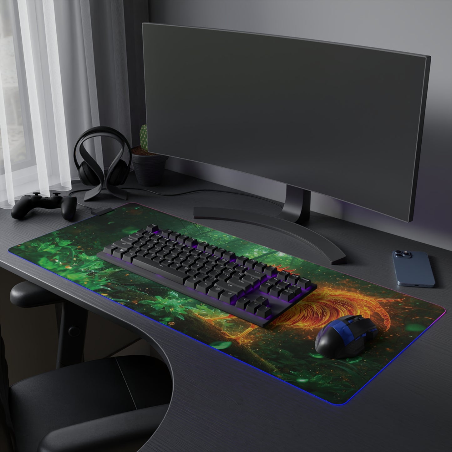Lady Dragon & Rooster Lunar Zodiac LED Gaming Mouse Pad — Emerald Forest