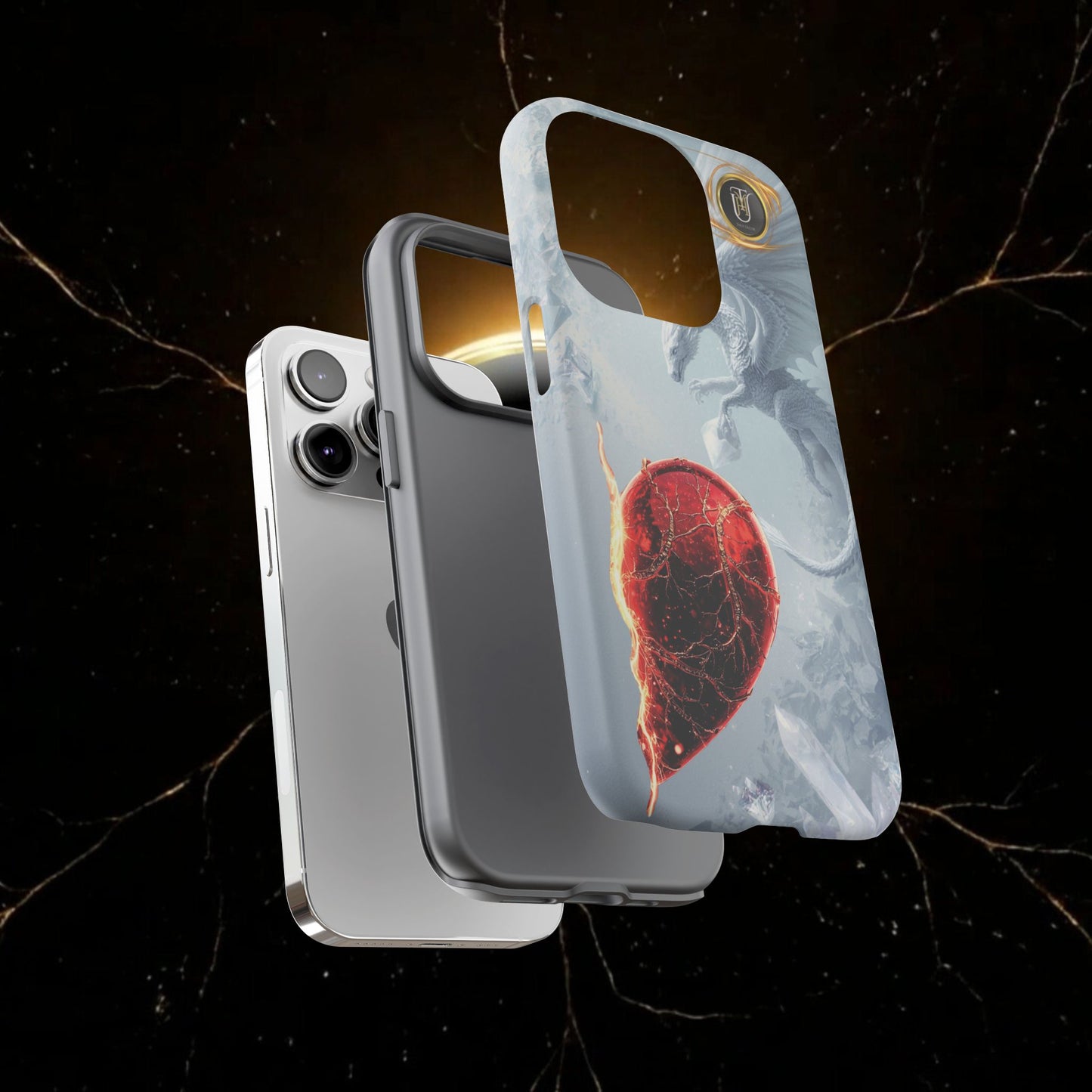 Couples Phone Case — Black Phoenix & White Dragon Heart Design (For Her))