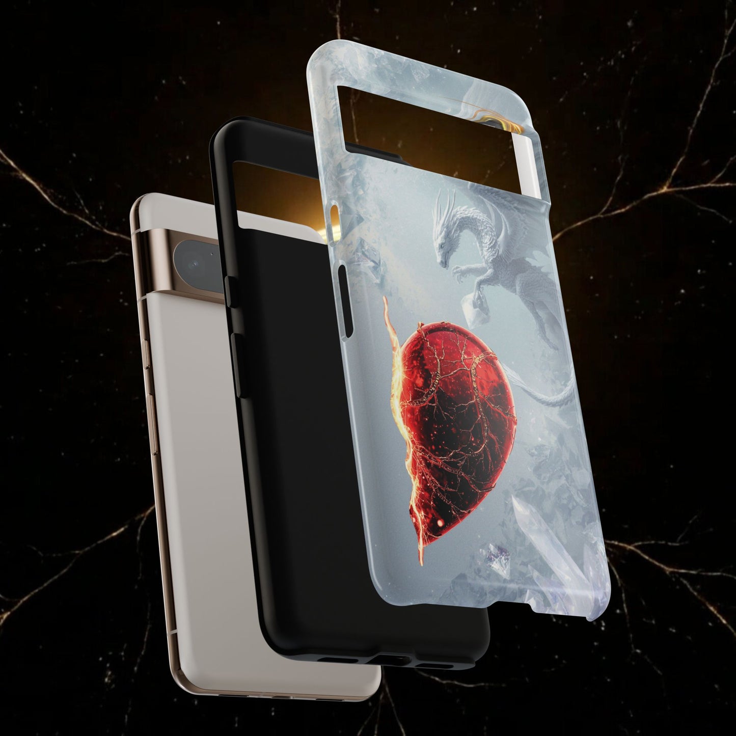 Couples Phone Case — Black Phoenix & White Dragon Heart Design (For Her))