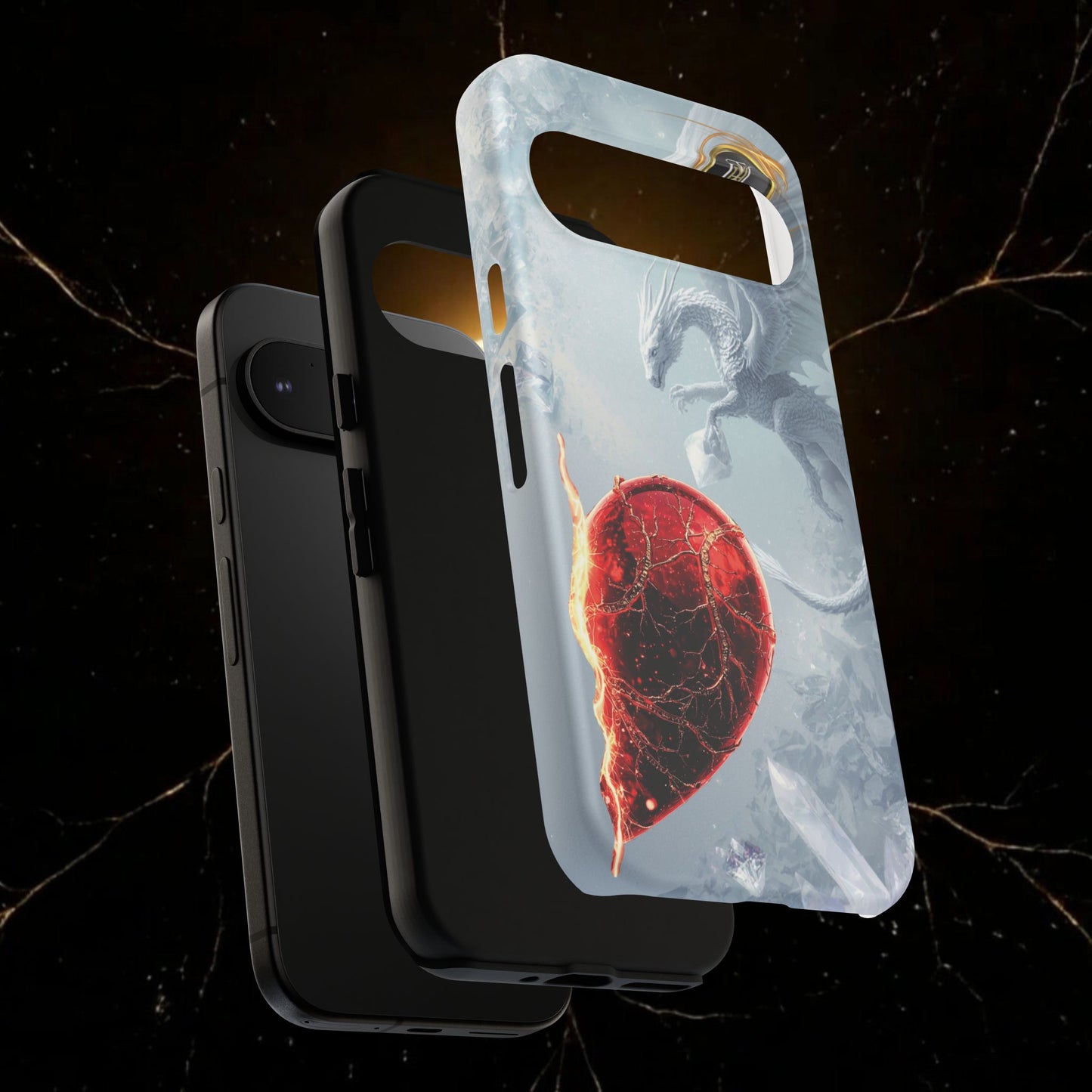 Couples Phone Case — Black Phoenix & White Dragon Heart Design (For Her))