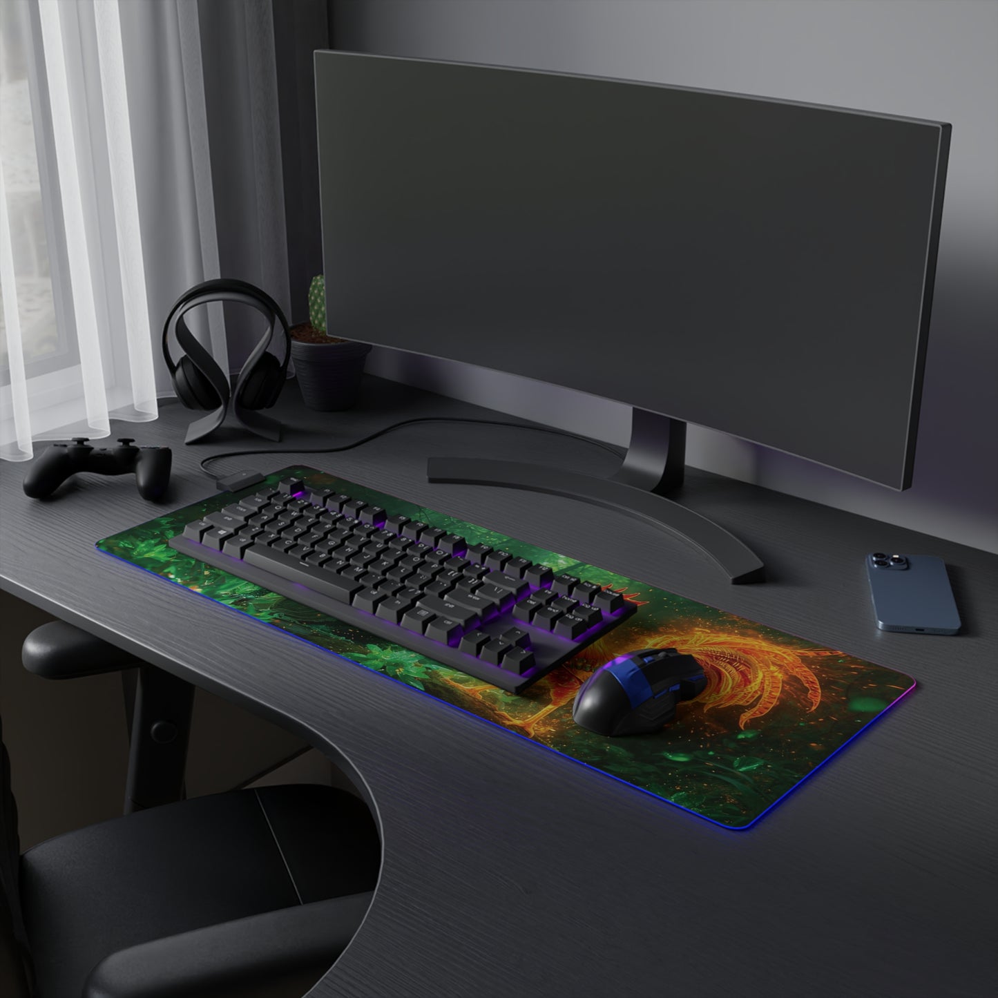 Lady Dragon & Rooster Lunar Zodiac LED Gaming Mouse Pad — Emerald Forest