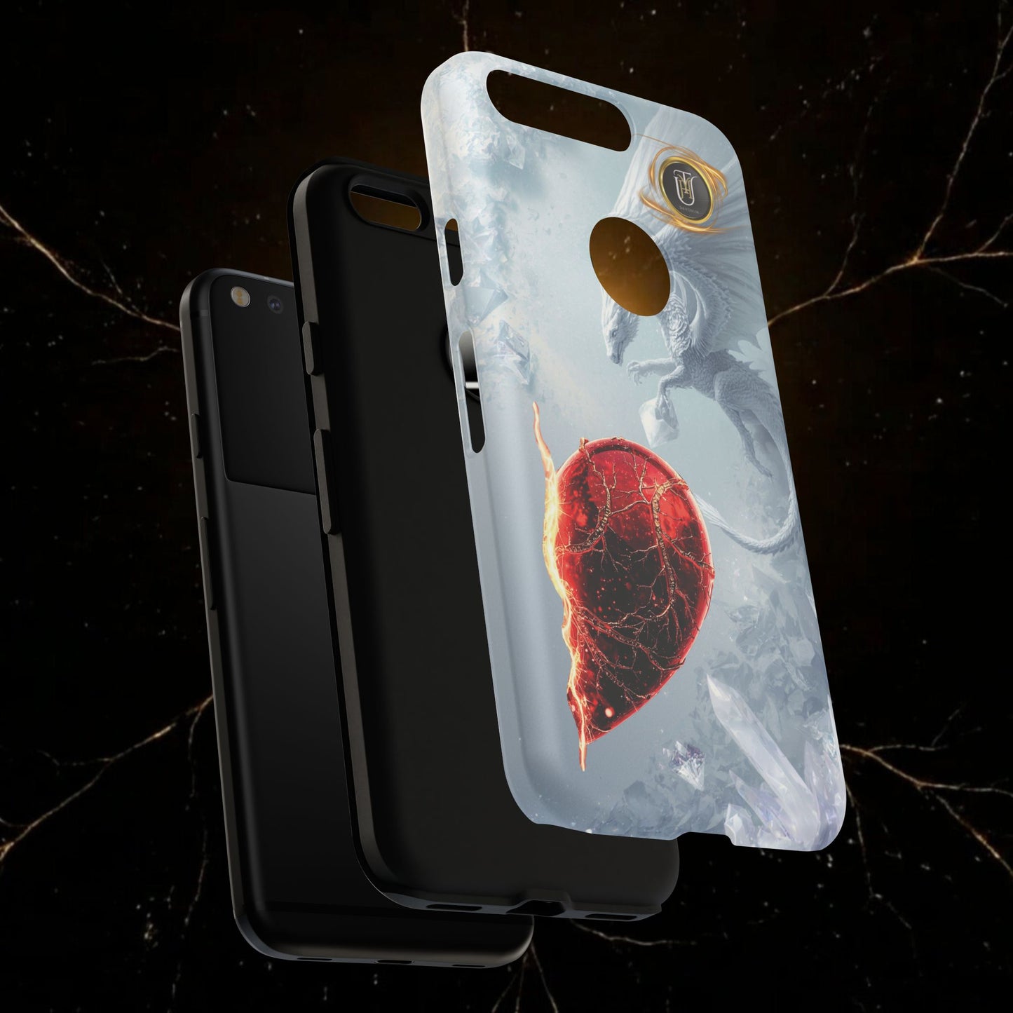 Couples Phone Case — Black Phoenix & White Dragon Heart Design (For Her))