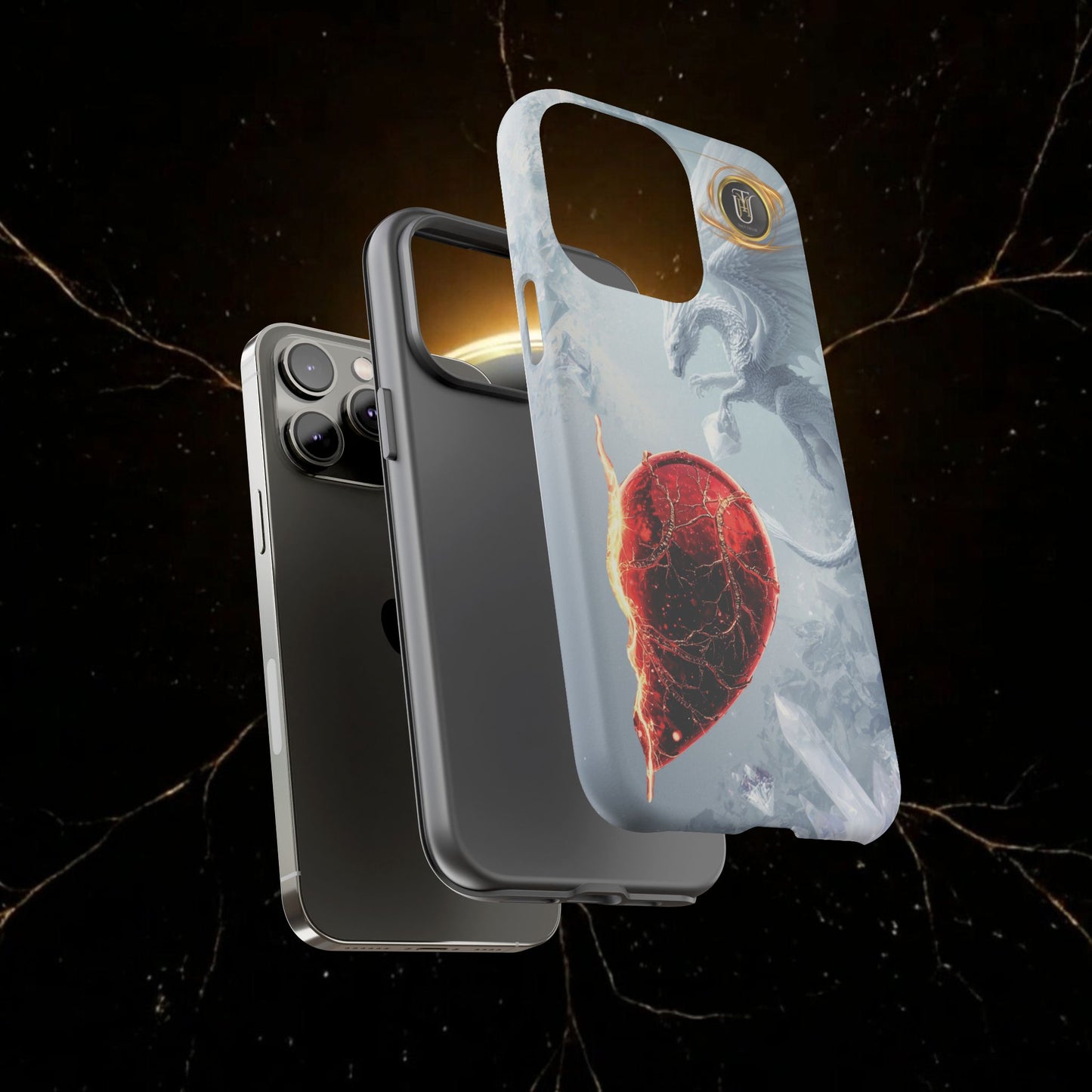 Couples Phone Case — Black Phoenix & White Dragon Heart Design (For Her))