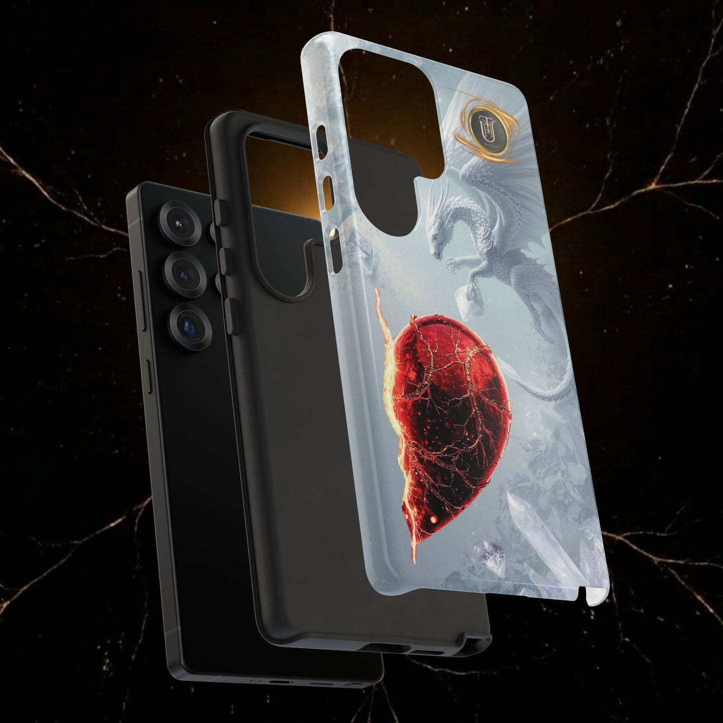 Couples Phone Case — Black Phoenix & White Dragon Heart Design (For Her))