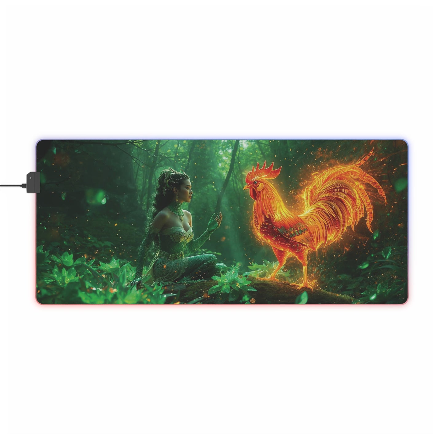 Lady Dragon & Rooster Lunar Zodiac LED Gaming Mouse Pad — Emerald Forest