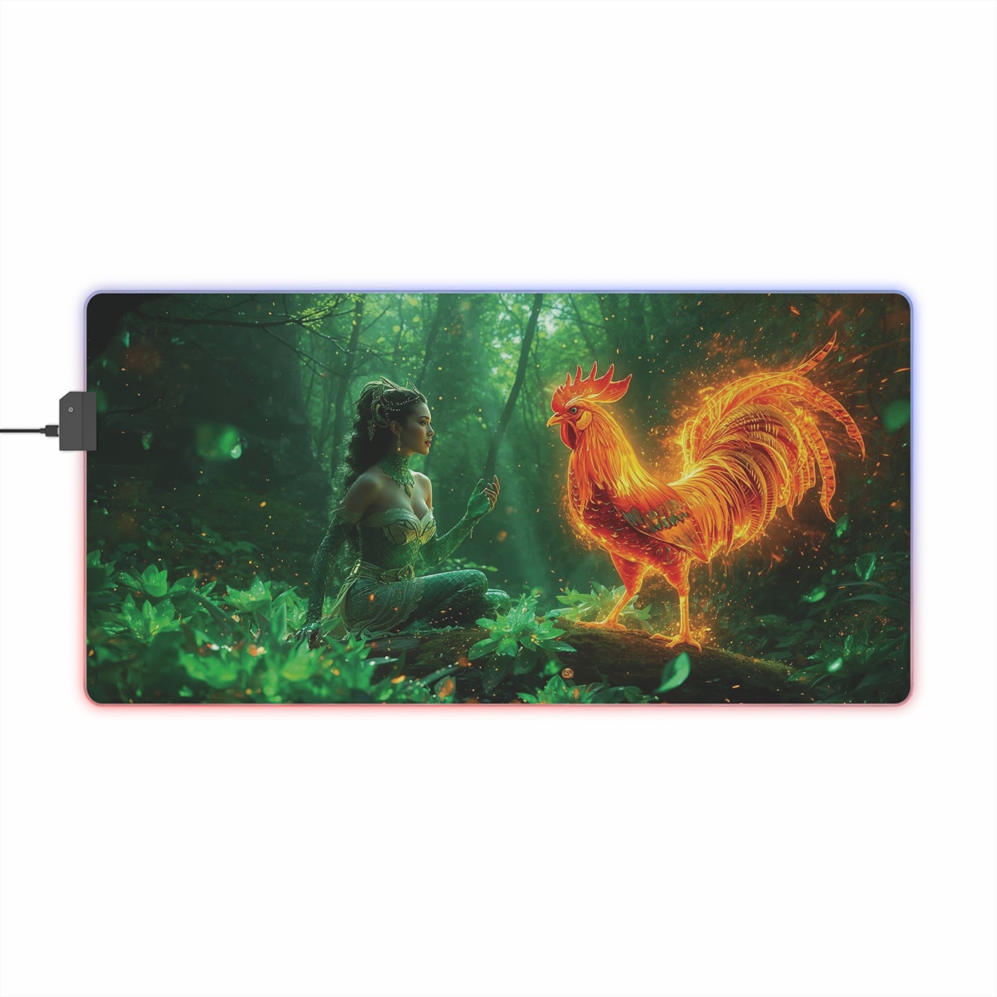 Lady Dragon & Rooster Lunar Zodiac LED Gaming Mouse Pad — Emerald Forest