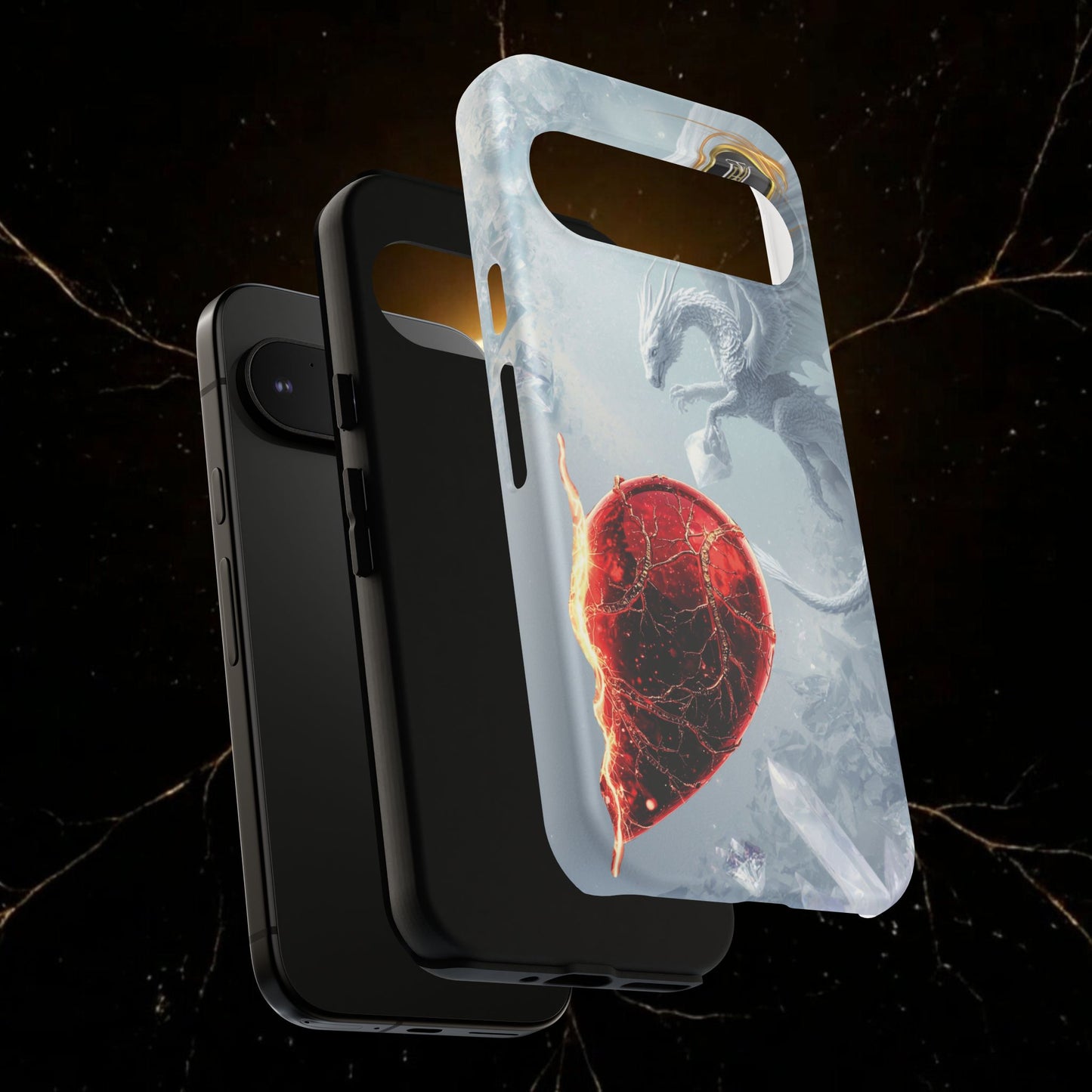 Couples Phone Case — Black Phoenix & White Dragon Heart Design (For Her))