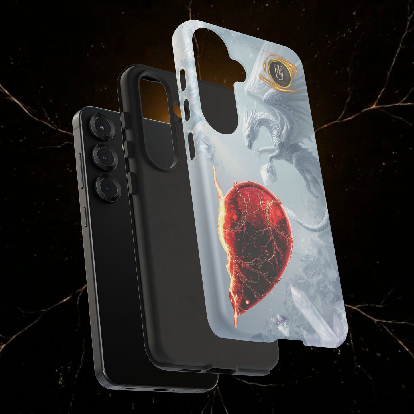 Couples Phone Case — Black Phoenix & White Dragon Heart Design (For Her))