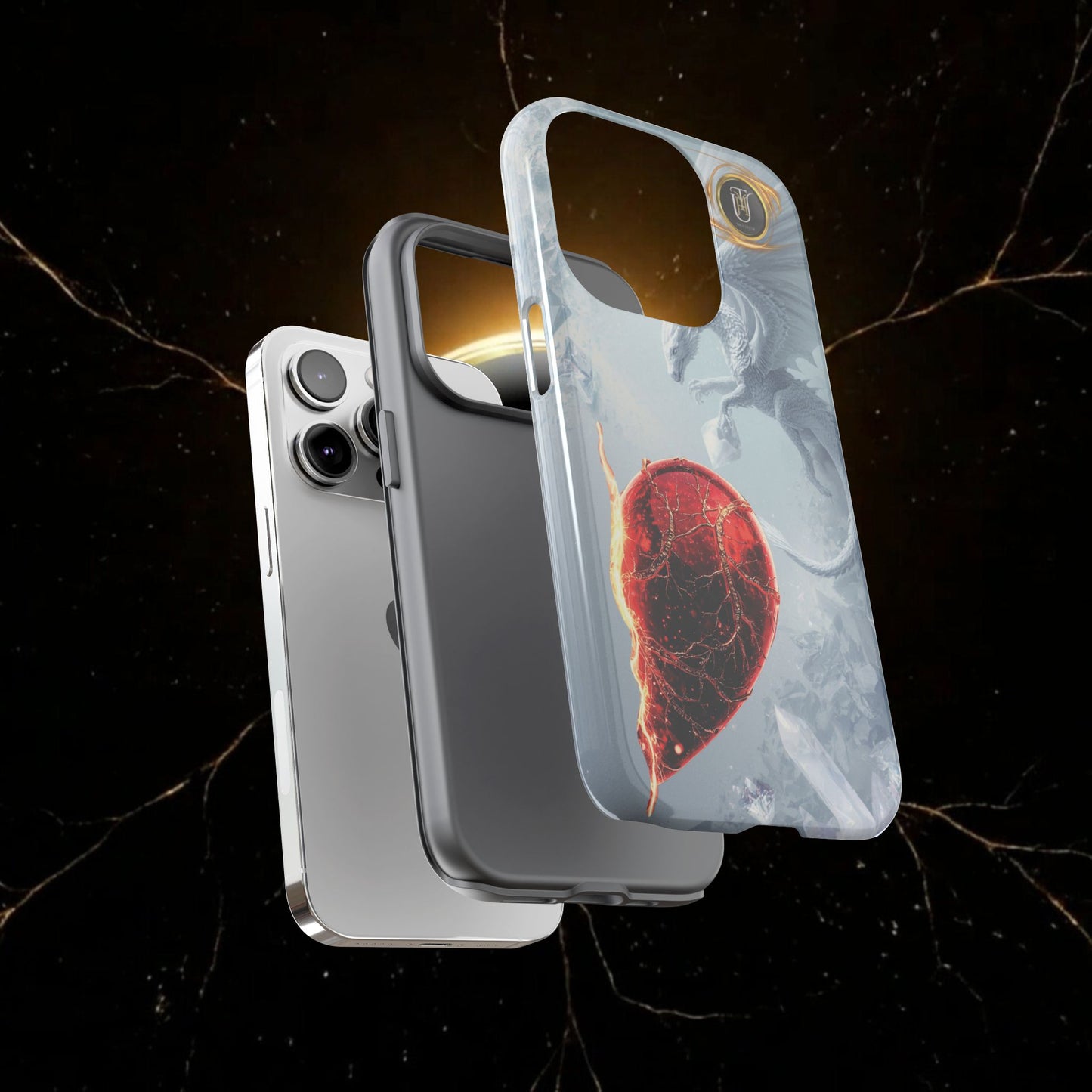 Couples Phone Case — Black Phoenix & White Dragon Heart Design (For Her))