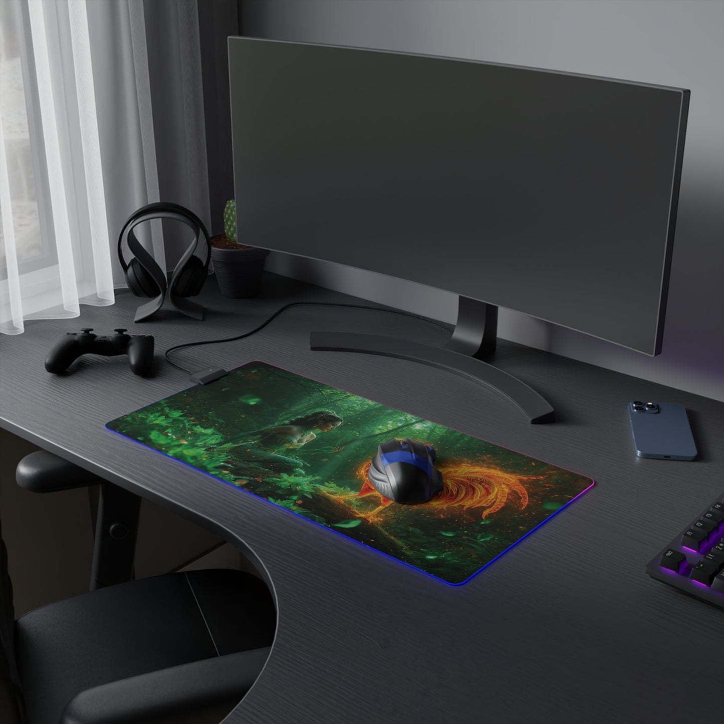 Lady Dragon & Rooster Lunar Zodiac LED Gaming Mouse Pad — Emerald Forest