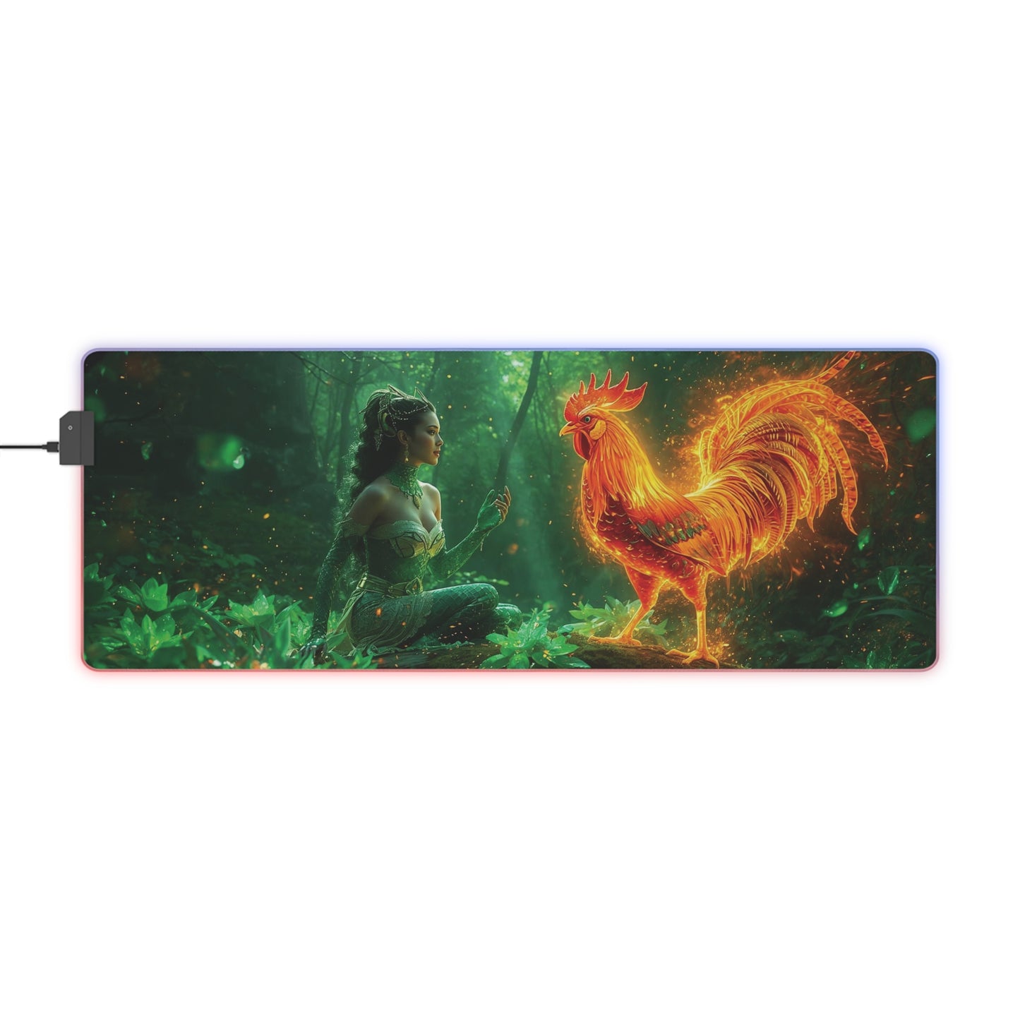 Lady Dragon & Rooster Lunar Zodiac LED Gaming Mouse Pad — Emerald Forest