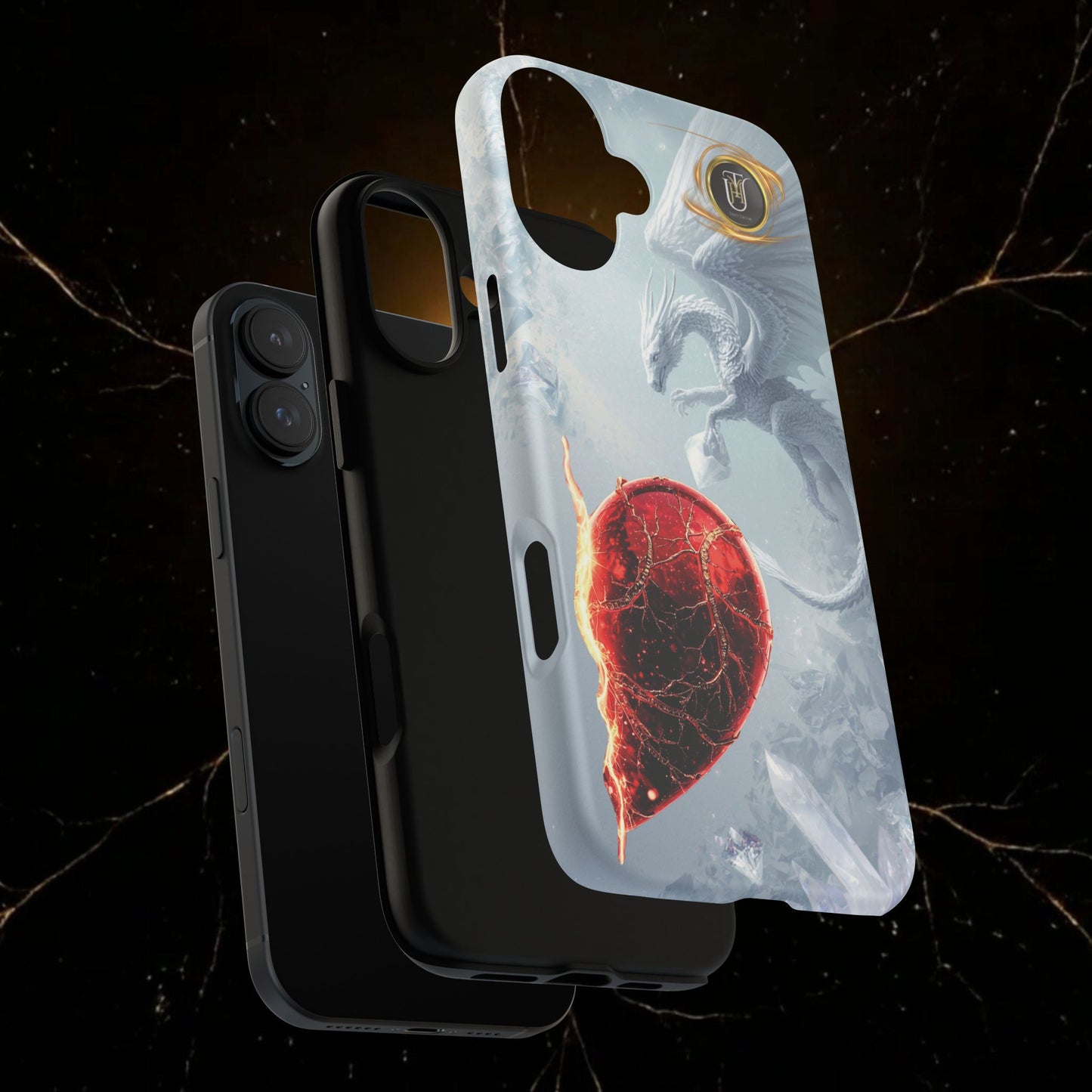 Couples Phone Case — Black Phoenix & White Dragon Heart Design (For Her))