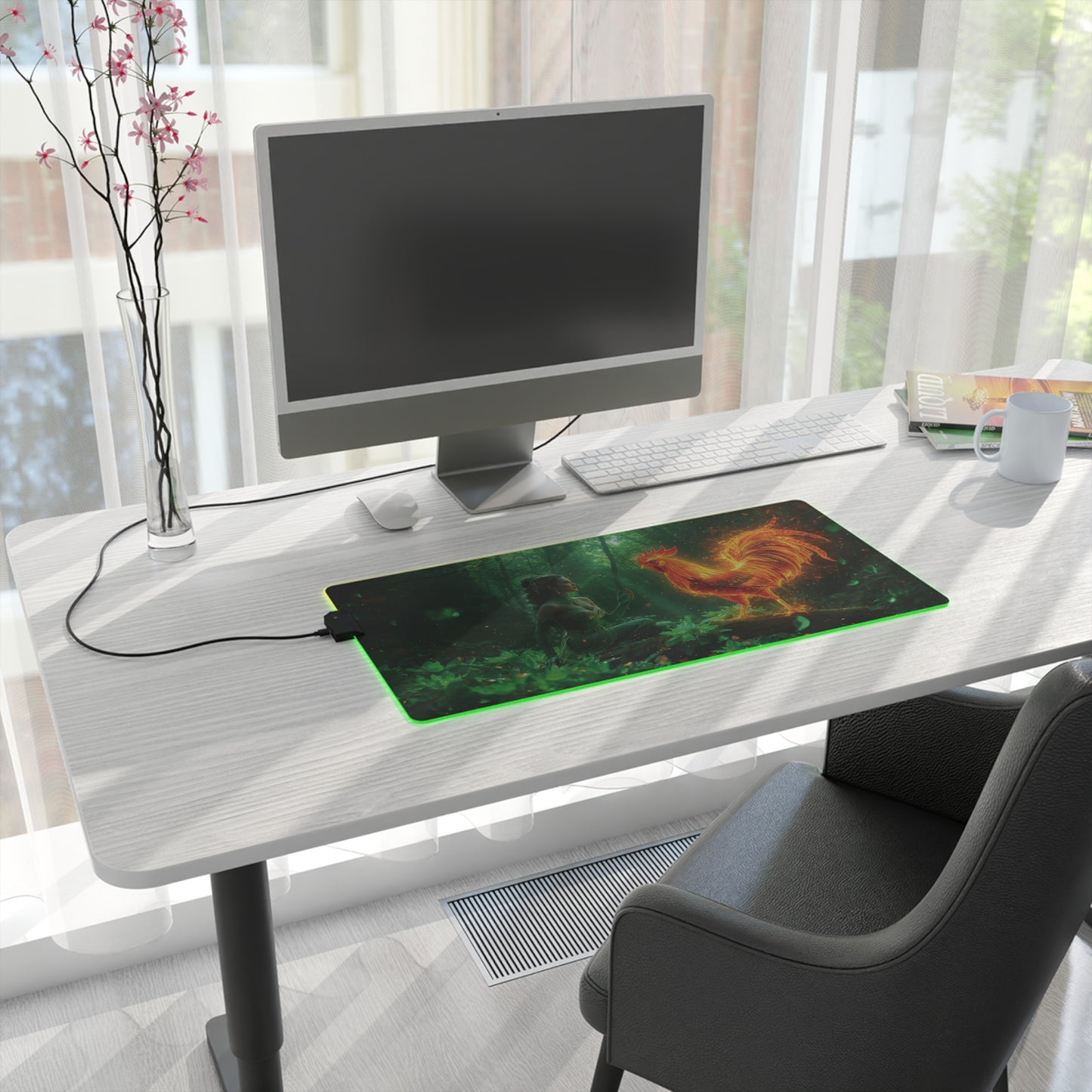 Lady Dragon & Rooster Lunar Zodiac LED Gaming Mouse Pad — Emerald Forest